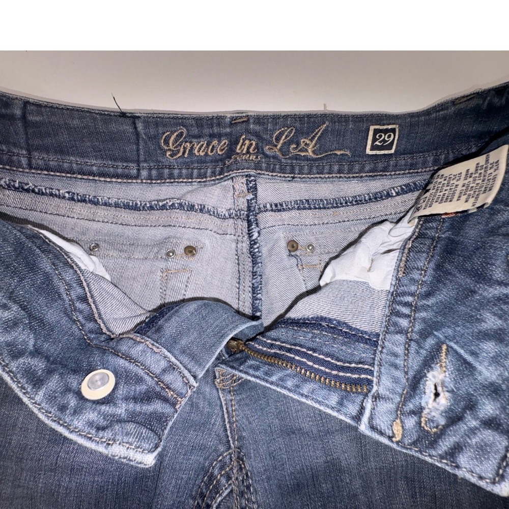 Grace in LA Womens Bootcut Jeans Blue Rhinestone Cross Distressed Size 11/29 - Picture 2 of 10